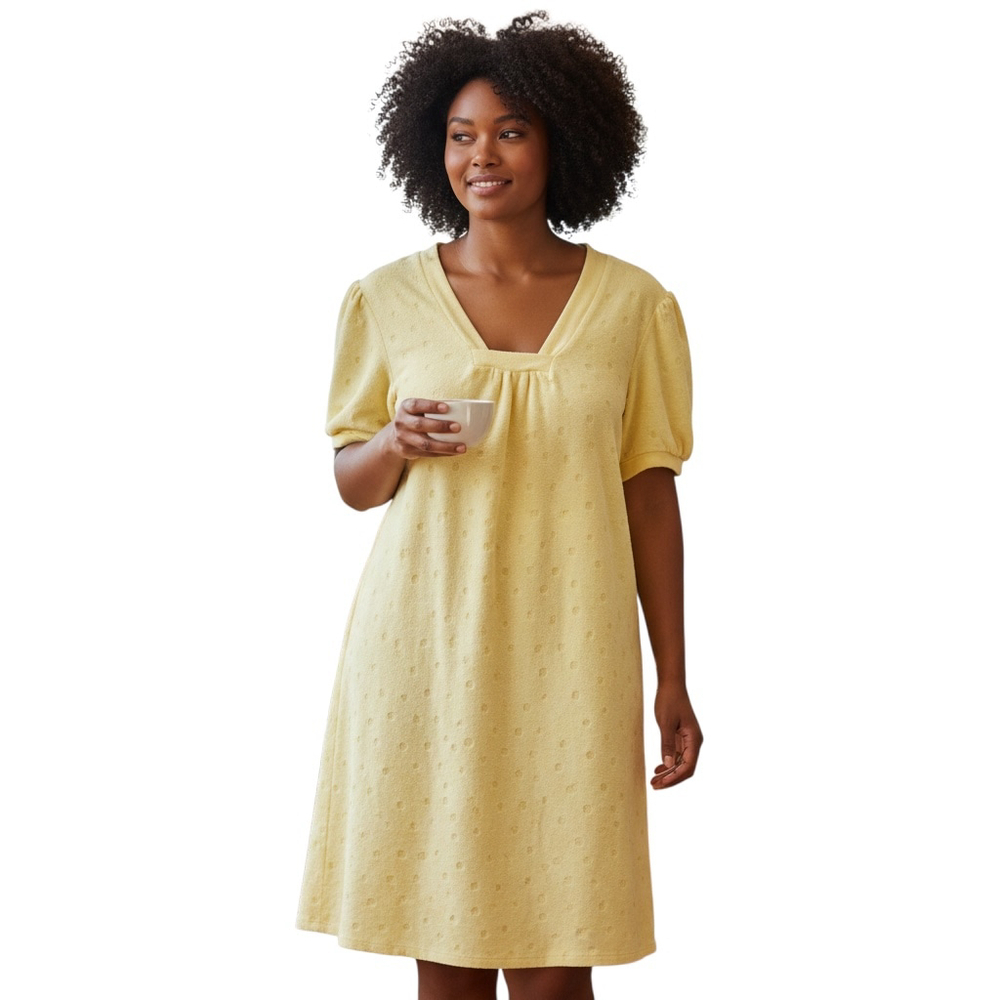 Size L STAN HERMAN Yellow Terrycloth polka dot Pajama Nightgown /dress/ coverup